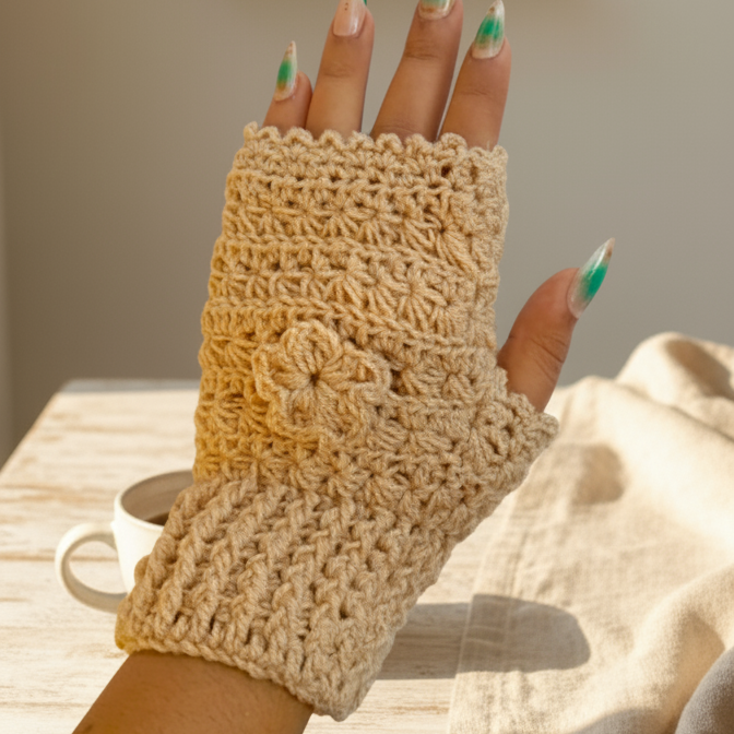 Beige crocheted fingerless glove worn by a person with a blurred background