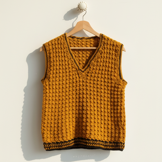 Yellow knitted vest on a hanger against a white background