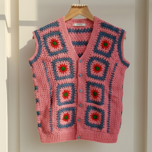 Pink crochet vest with geometric pattern on a hanger against a white wall.