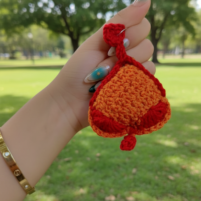 Hand holding a red and orange crocheted pouch against a blurred green outdoor background