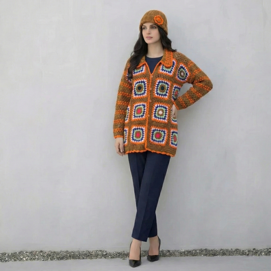 Woman wearing a colorful crochet cardigan and hat against a plain background