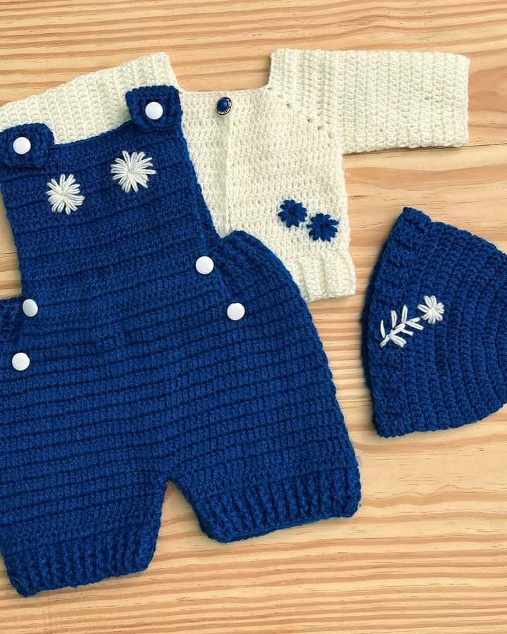 Handmade Crochet Baby Set - Blue & Cream Overalls Cardigan Hat