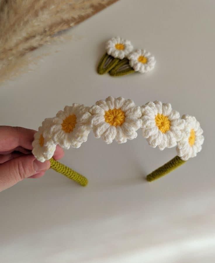 Handmade Crochet Daisy Headband and Hair Clips - Premium Accessories