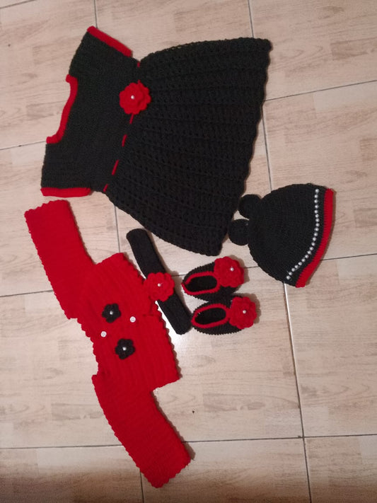 Premium Handmade Crochet Baby Dress Set - Black & Red 5-Piece Outfit