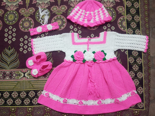 Handmade White & Pink Floral Crochet Dress - Premium Minimalist Set