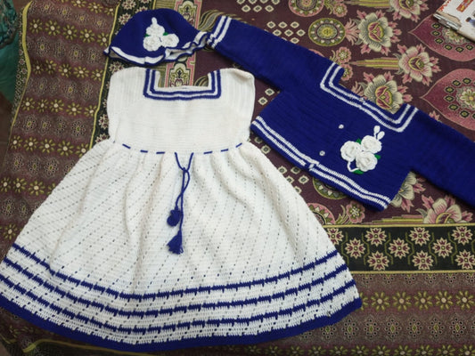 Premium Blue & White Striped Crochet Cardigan - Minimalist Baby Knit