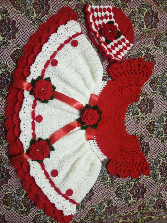 Handmade Crochet Baby Set in Red & White - Premium Floral Outfit