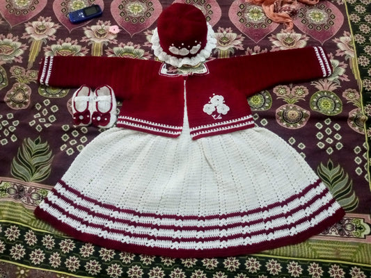 Premium Maroon & White Crochet Baby Dress Set - Artisanal Special Occasion